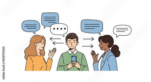Three people communicating with speech bubbles and arrows.