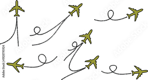 The image shows olive green cartoon airplanes, each pointing in a different direction. This varied orientation suggests movement and activity.