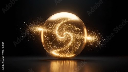 A glowing, golden sphere with a swirling vortex of particles at its center, surrounded by an encompassing black void and reflecting on a surface