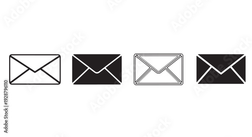 Contact Envelope Icon Set, 4 Styles: Minimal Flat, Bold Solid, Thin Outline, Modern Angular, Black and White Vector