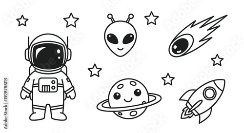 Cute Space Characters Coloring Page With Alien Astronaut And Planets