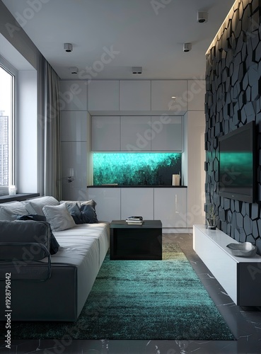 Modern living room with sleek kitchen and textured wall