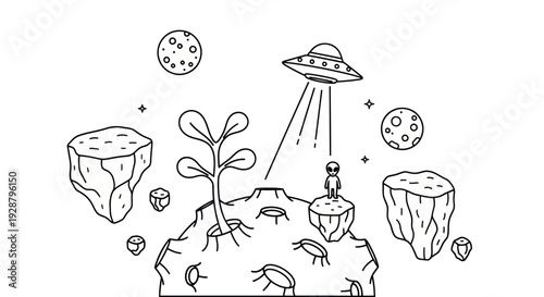 Fantasy Space Landscape Coloring Page With Alien And Floating Islands