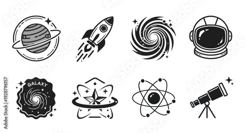 Astronomy And Science Logo Set With Telescope Rocket And Galaxy