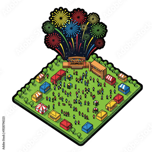 A festive outdoor event with colorful fireworks and stalls
