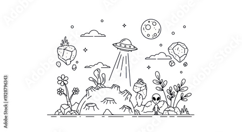 Alien Planet Coloring Page With UFO And Strange Flying Rocks