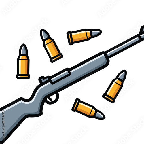 A gray rifle with scattered bullets around it
