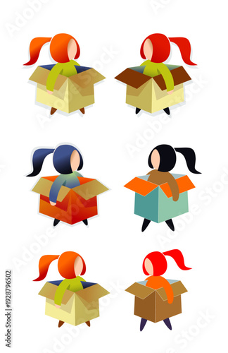 Niñas caminando entre una caja de carton