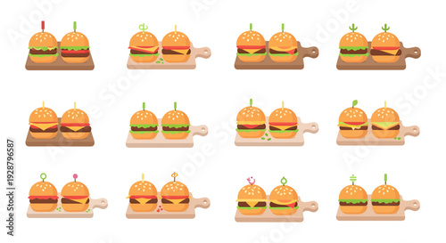 Mini Burger Sliders Vector Set, Flat Illustration of Cheeseburgers on Wooden Boards, Gourmet Fast Food Icons for Restaurant Menu Design