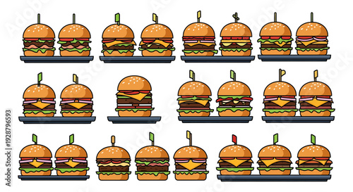 Set of Burger Icons, Mini Sliders Illustration on Tray, Fast Food Vector Art, Cheeseburger and Hamburger Collection isolated on white background