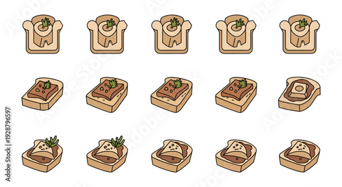 Gourmet Canape and Toast Appetizer Icon Set with Various Toppings