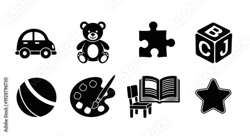 Collection of black and white children toys and education icons