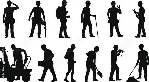 Silhouette collection of construction workers and equipment in various poses vector illustration