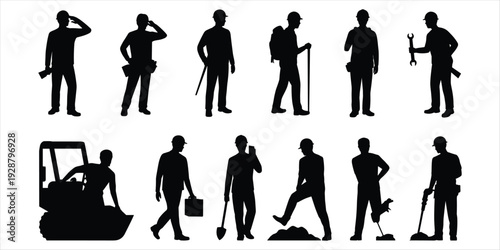 Silhouette Construction Workers with Tools and Equipment male