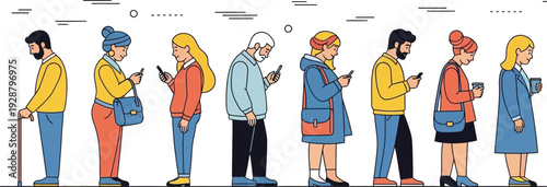 Diverse group of eight people standing in a line, all looking down at their mobile phones, in a flat vector illustration isolated on white background