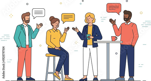 Collaboration and Communication: A lively scene depicts four individuals engaged in a dynamic discussion, sharing ideas, and fostering connections through a spirited exchange of thoughts. 