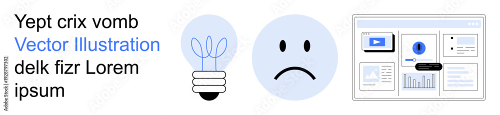 Obraz premium Education, problem-solving, creativity, IT design, software interfaces, visual communication. Sad face, light bulb UI screens with icons. Problem-solving and IT design concept