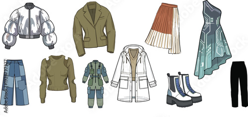 Modern techwear and streetwear fashion outfit collection flat sketch vector illustration set