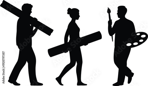 Silhouettes of artists carrying art supplies and walking on a white background painting drawing