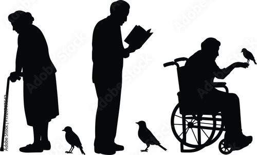 Silhouettes of elderly people and birds on a white background senior woman