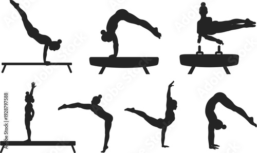 Silhouettes of gymnasts performing various artistic gymnastics routines on white sport athletic