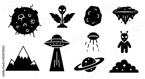 Space Discovery Alien Planet and UFO Silhouette Icon Vector Set