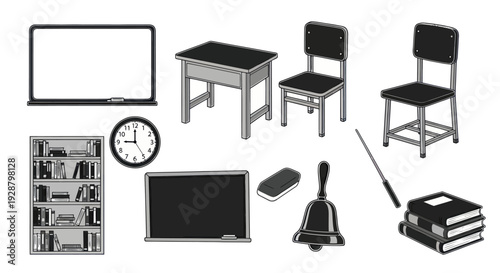 Classroom Furniture and School Equipment Gray Scale Icon Vector Set