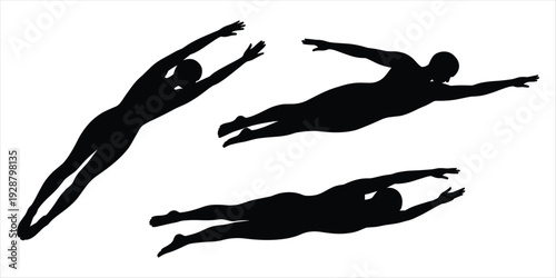 Three Black Silhouettes of Swimmers in Motion Against a White Background swimming action