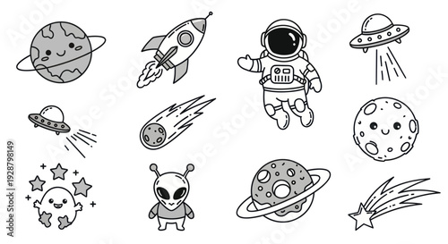 Kawaii Space Exploration Doodle Icon Set for Kids Character Design
