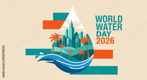 Celebrating World Water Day 2026 with a serene graphic illustration of a cityscape surrounded by palm trees and water elements.