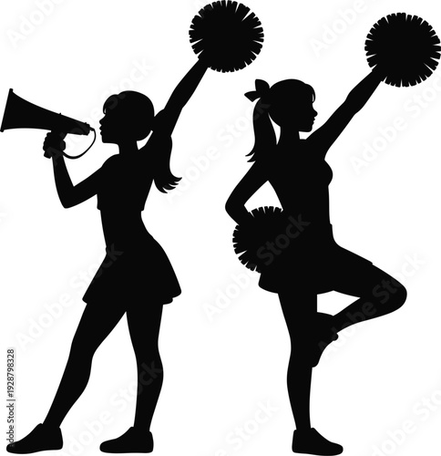 Two Black Silhouette Cheerleaders Posing with Megaphone and Pom- Poms female woman