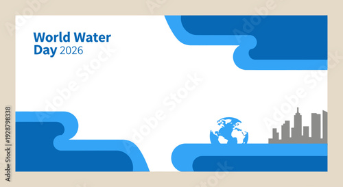 Celebrating World Water Day with a serene illustration of Earth surrounded by water waves and cityscape in the distance
