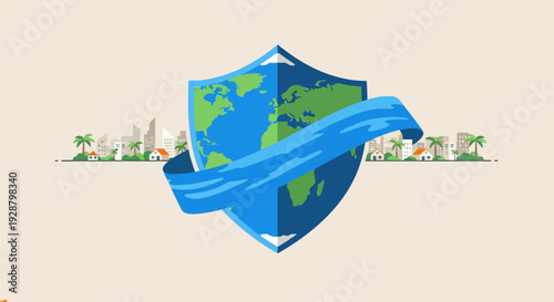Celebrating World Water Day with a shield protecting the Earth's water resources illustration