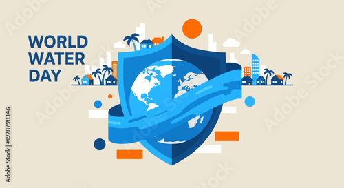 Celebrating World Water Day with a blue shield protecting the Earth's water resources illustration