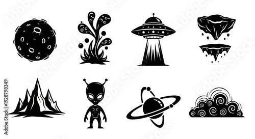Black Alien Space Life Silhouette Icon Set on White Background