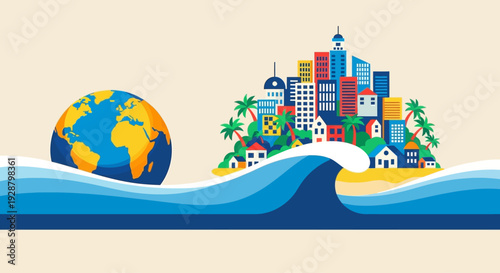 Celebrating World Water Day with a vibrant illustration of Earth surrounded by waves and a thriving island community