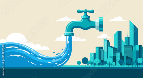 Celebrating World Water Day with a flowing tap in a cityscape illustration showcasing conservation efforts