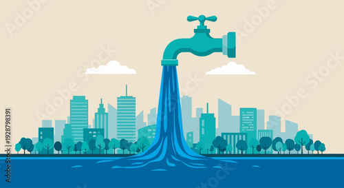 Celebrating World Water Day with a dripping faucet over a cityscape illustrating water waste and conservation efforts on World Water Day