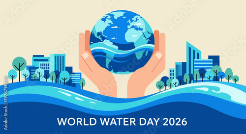 Celebrating World Water Day with a graphic illustration of the Earth surrounded by water and cityscapes in the background