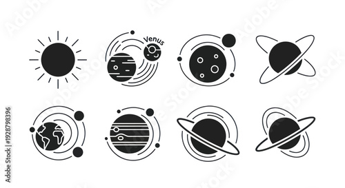 Solar System Planets and Celestial Orbits Minimalist Icon Set Vector