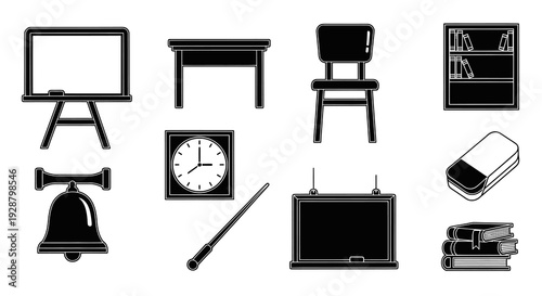 Classroom Furniture and School Supplies Silhouette Illustration Collection Set