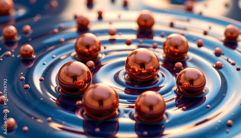 Fototapeta premium Metallic Spheres Flowing Liquid with Gold and Blue Hues