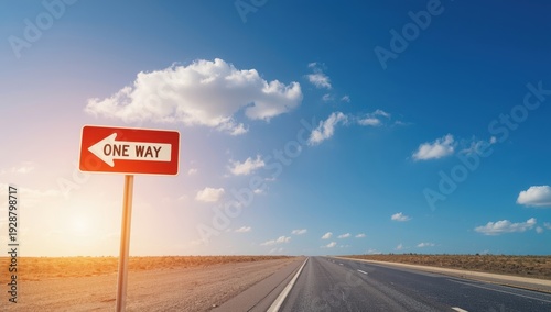 One-way road sign with a blue sky backdrop