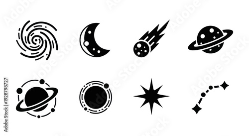Black Silhouette Space Icons Set with Galaxy Moon and Planets