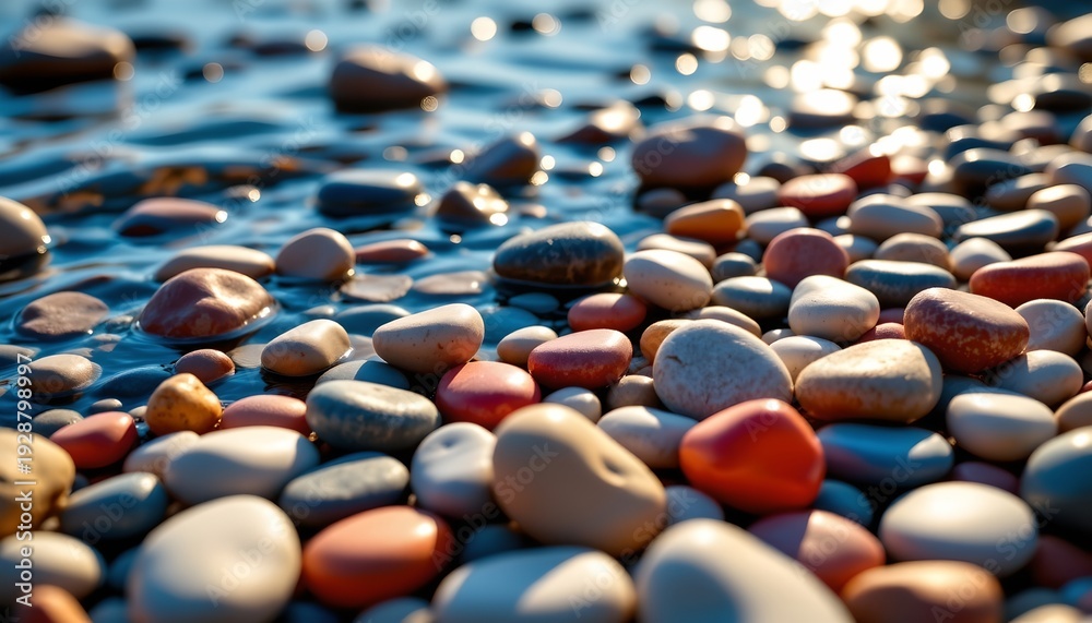 Obraz premium Sunlit Riverbed with Colorful Smooth Stones and Gentle Water Ripples