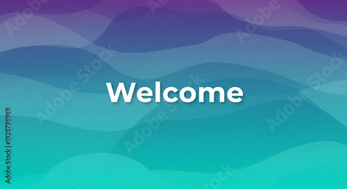 A modern welcome background featuring layered purple and teal wave gradients with centered white “Welcome” text, creating a vibrant and professional presentation design.