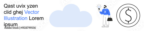 Cloud computing, data storage, business ideas, financial growth, innovation, savings. A cloud graphic, a professional holding a briefcase and a dollar sign. Cloud computing and business ideas
