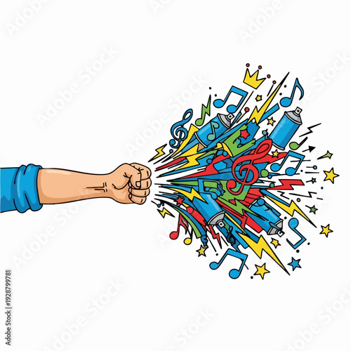 Fist Burst Of Music Notes Explosion.