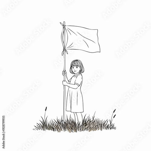 Girl Holding Flag In Grass Field Sketch.