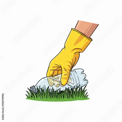 gloved hand picking up trash from grass.